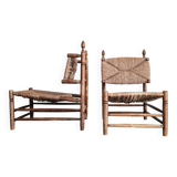 Paire fauteuils en bois et paille