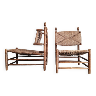 Paire fauteuils en bois et paille