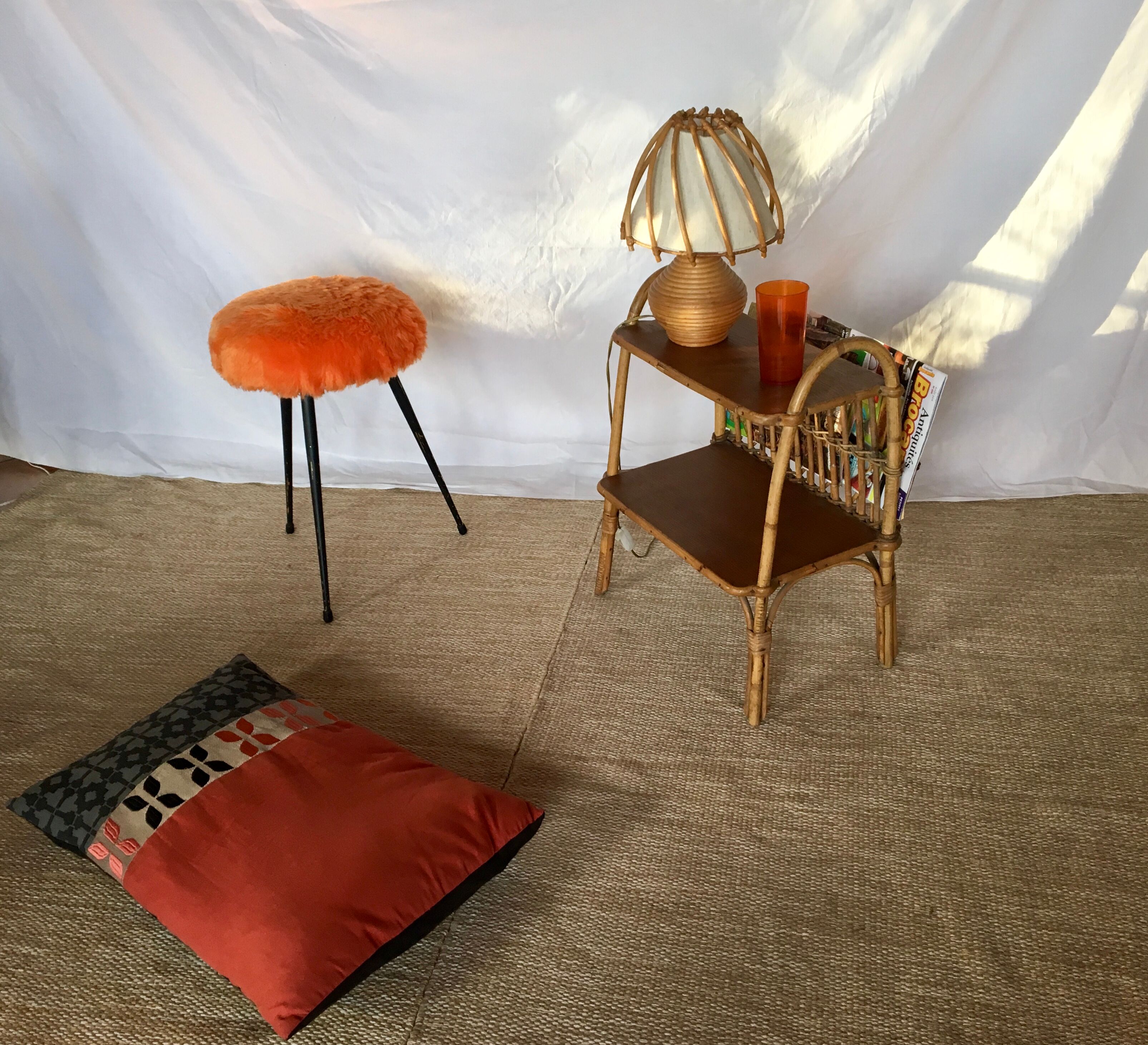 Side table with rattan magazines rack