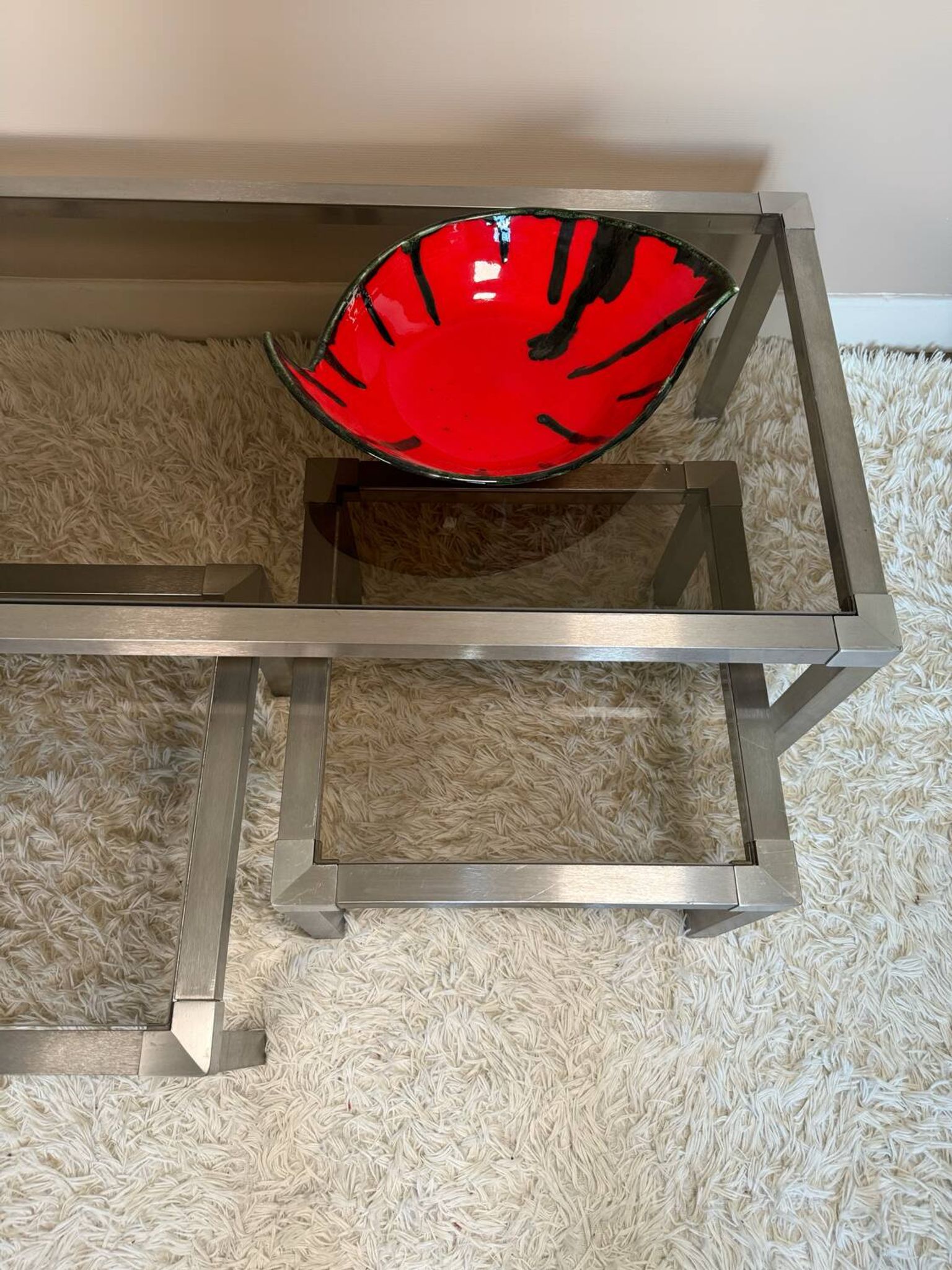 Table basse acier brossé design années 70 et gigognes