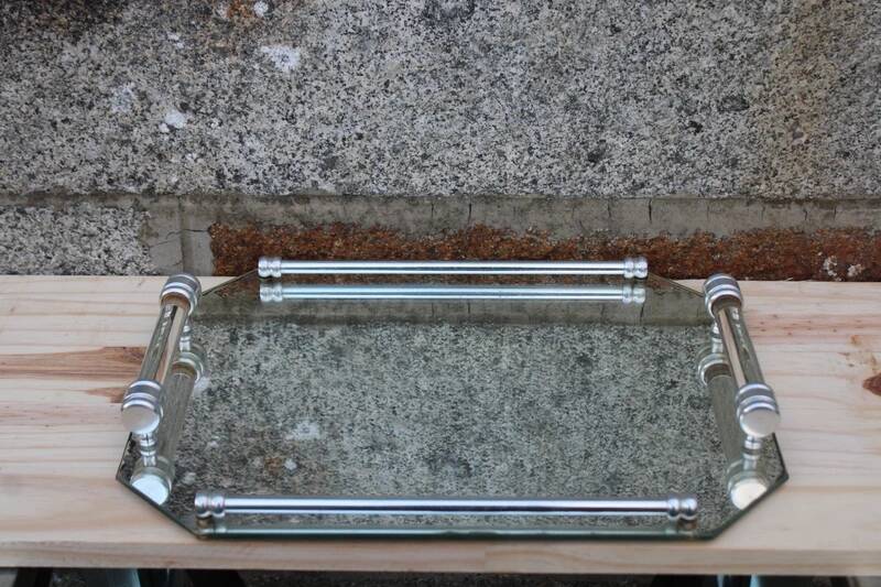 Vintage mirrored tray with glass and metal handles – H5 × W39 × D30 cm