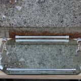 Vintage mirrored tray with glass and metal handles – H5 × W39 × D30 cm