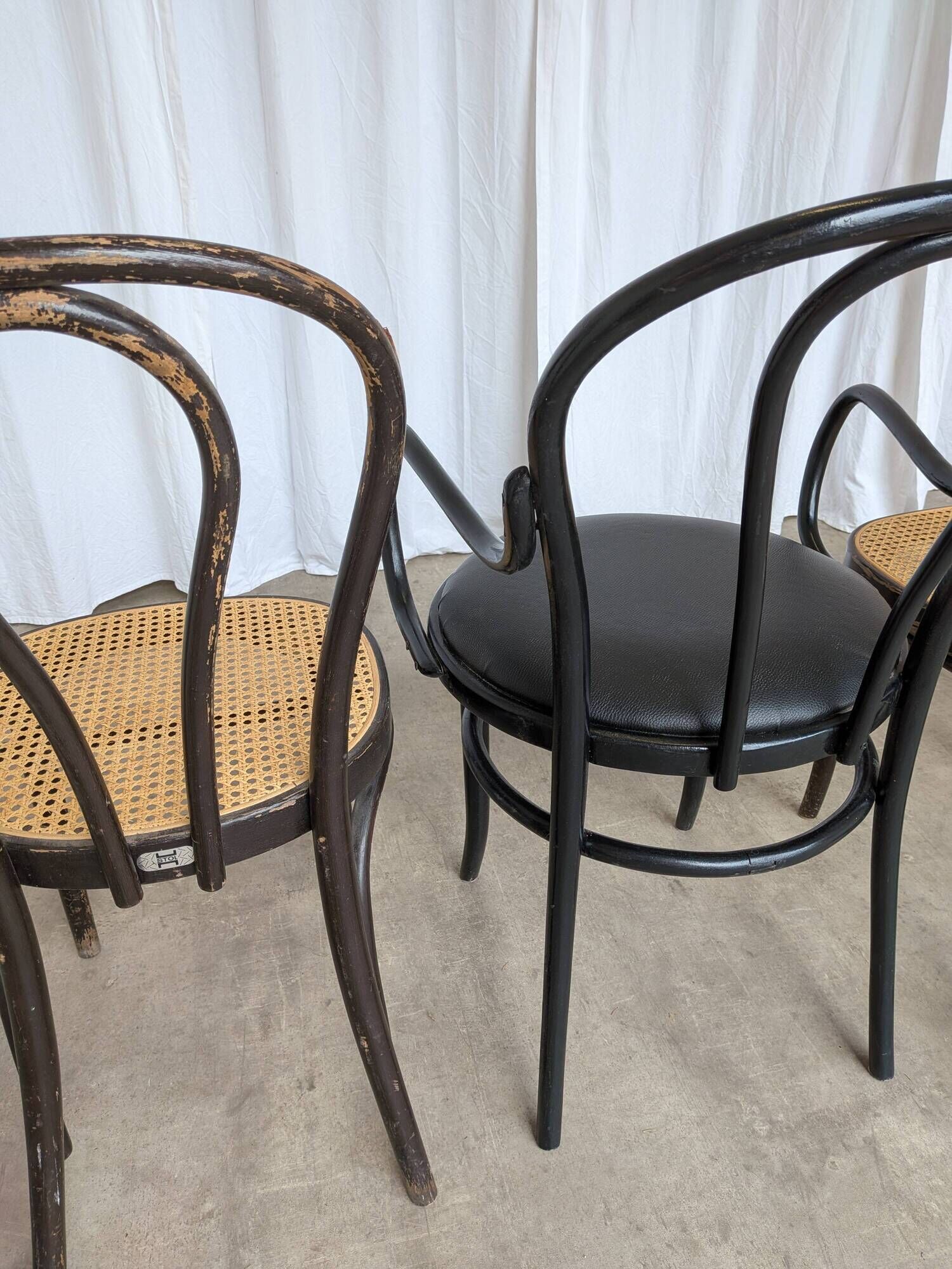 Set of 4 Mix&Match Thonet Style Dining Chairs / Black Bentwood Cane Chairs