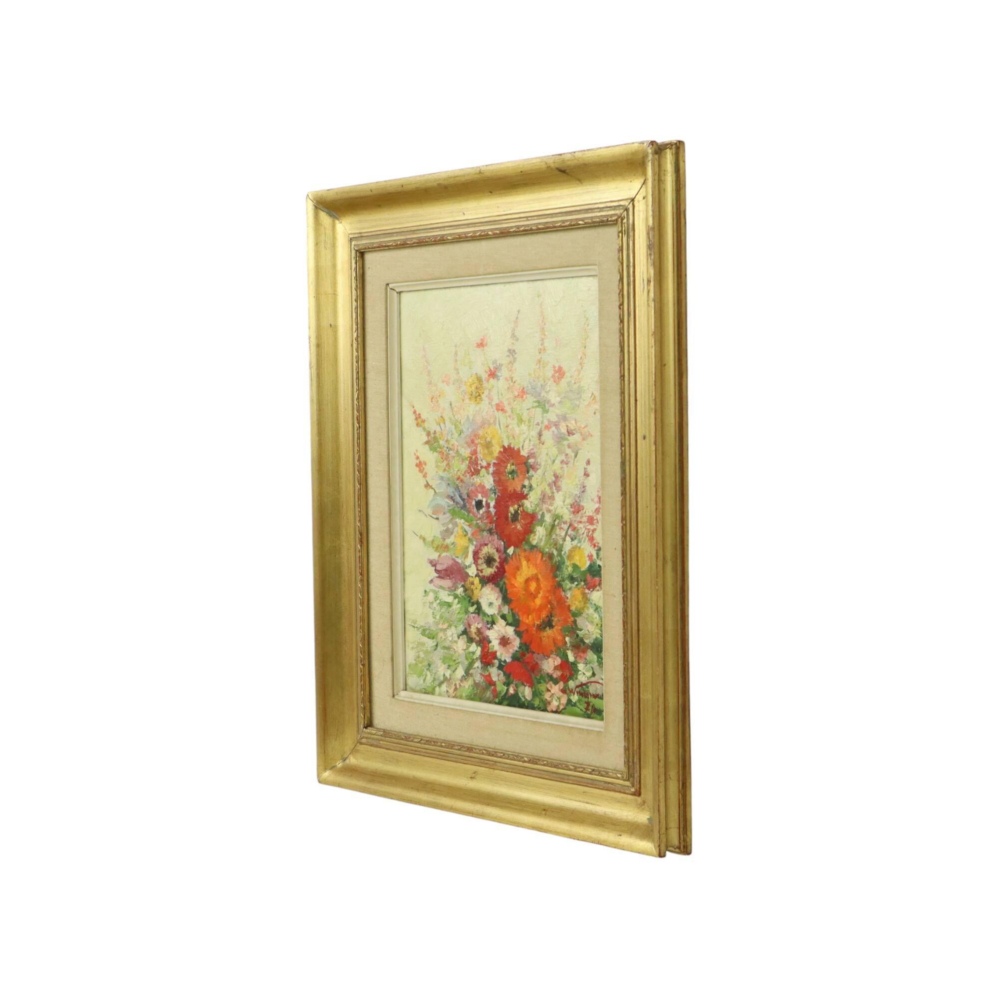 Still Life Flowers Painting Canvas Gold Frame Signed 1970