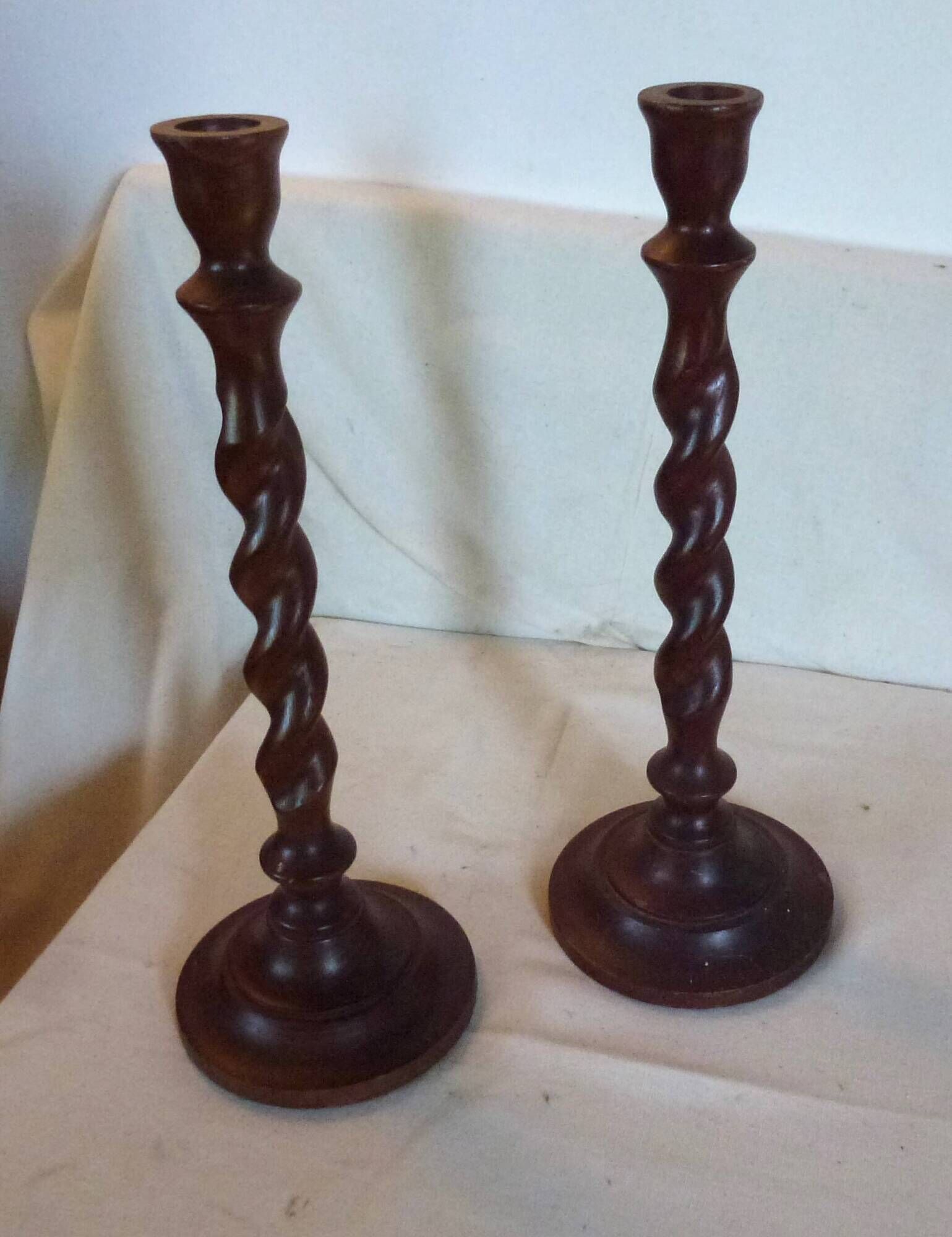 Pair of large vintage twisted wood candlesticks