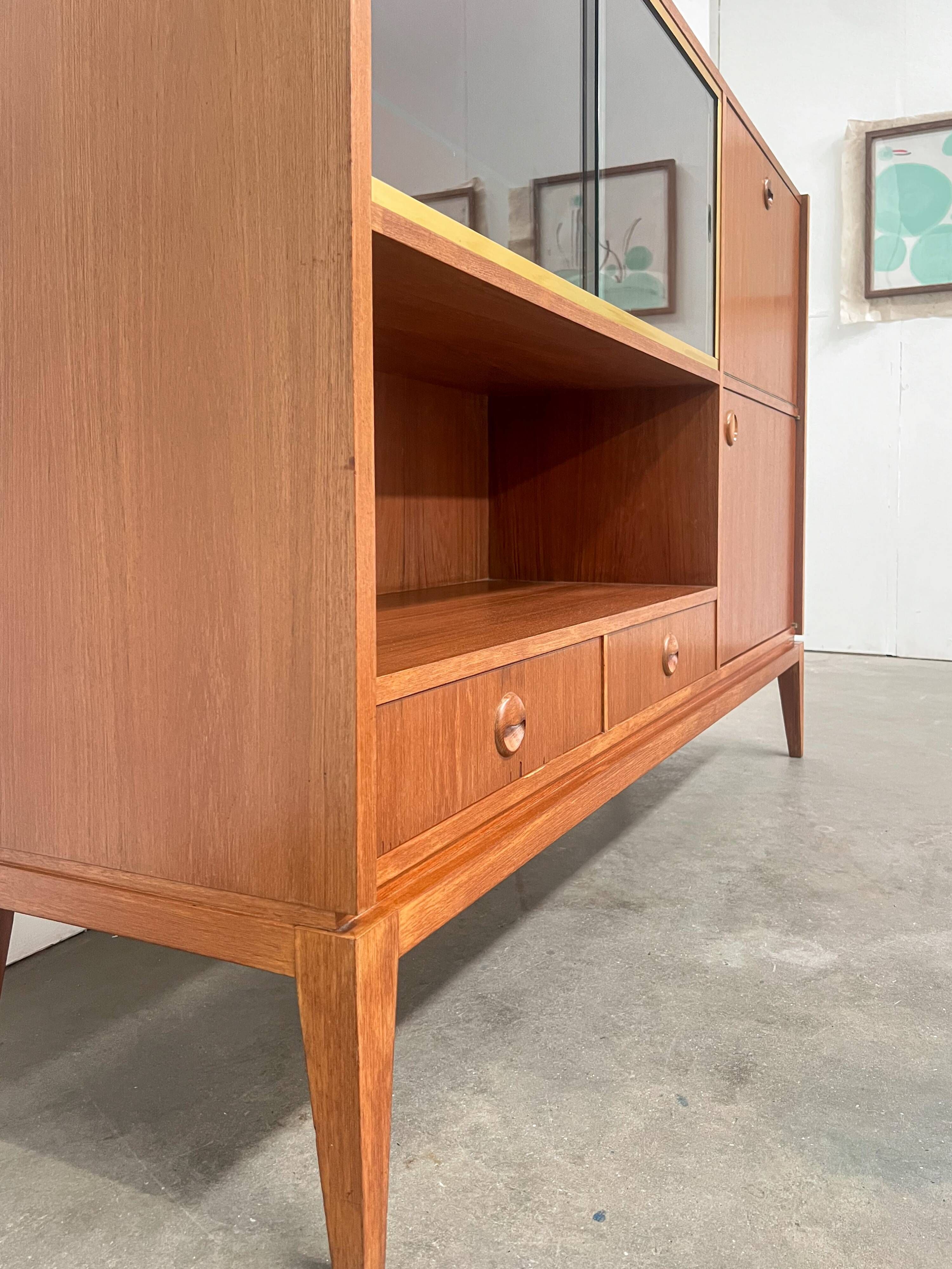 High vintage wooden sideboard with display cabinet and bar - Scandinavian style