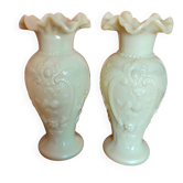 Pair of antique white opaline vases Schmid SV, Art Nouveau, circa