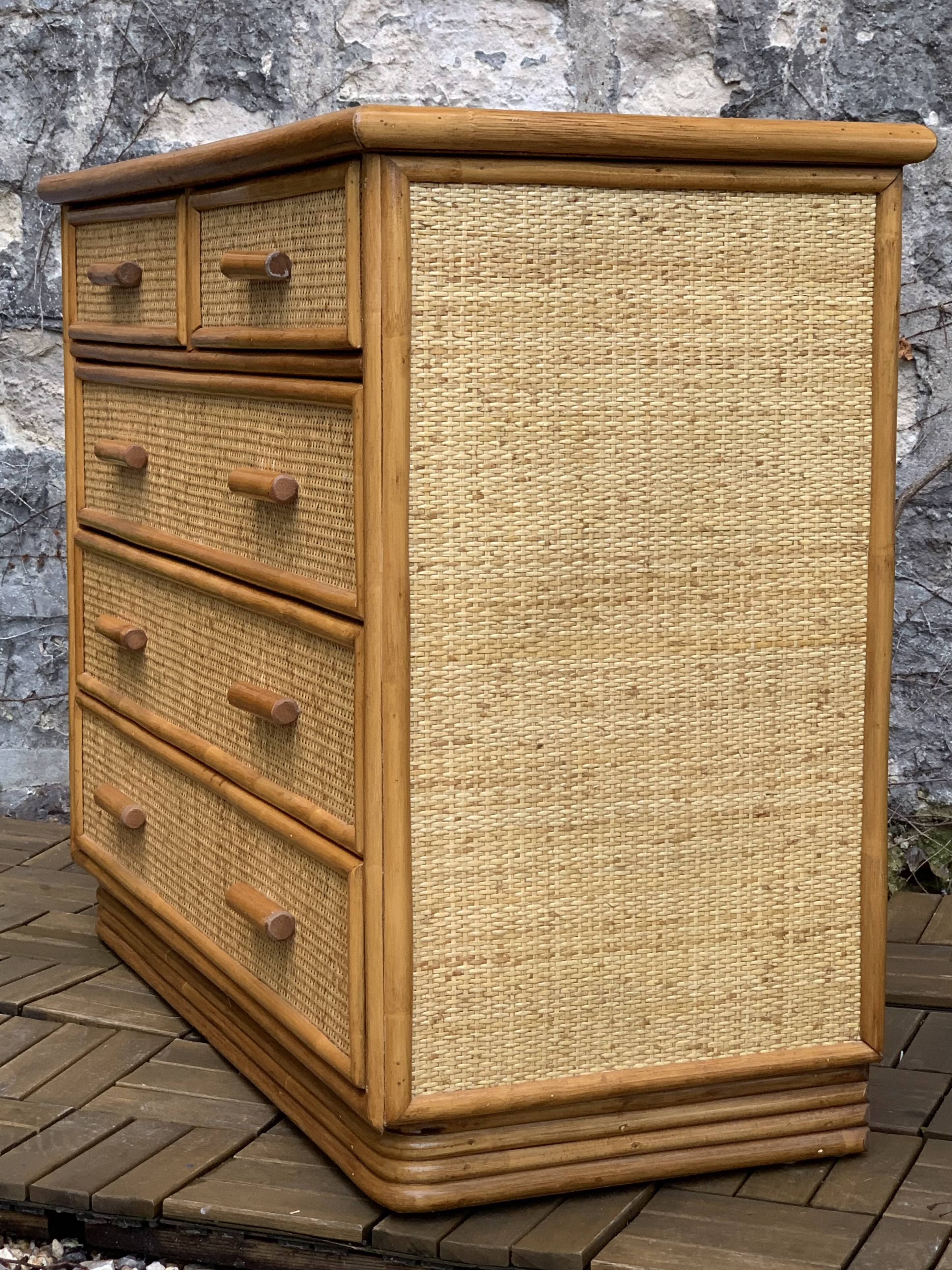 Vintage rattan and woven wicker chest of drawers 1970