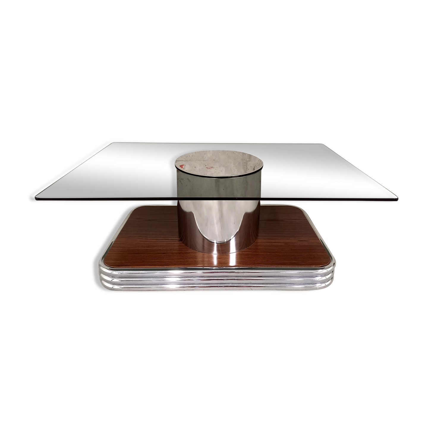 Vintage coffee table in smoked glass, chrome metal and wood décor 60s 70s