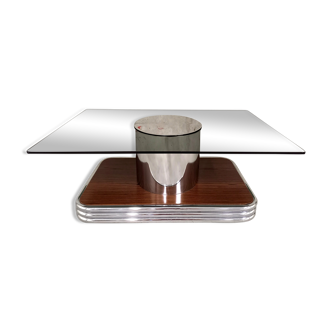 Table basse vintage en verre fumé, métal chromé et décor bois années 60 70