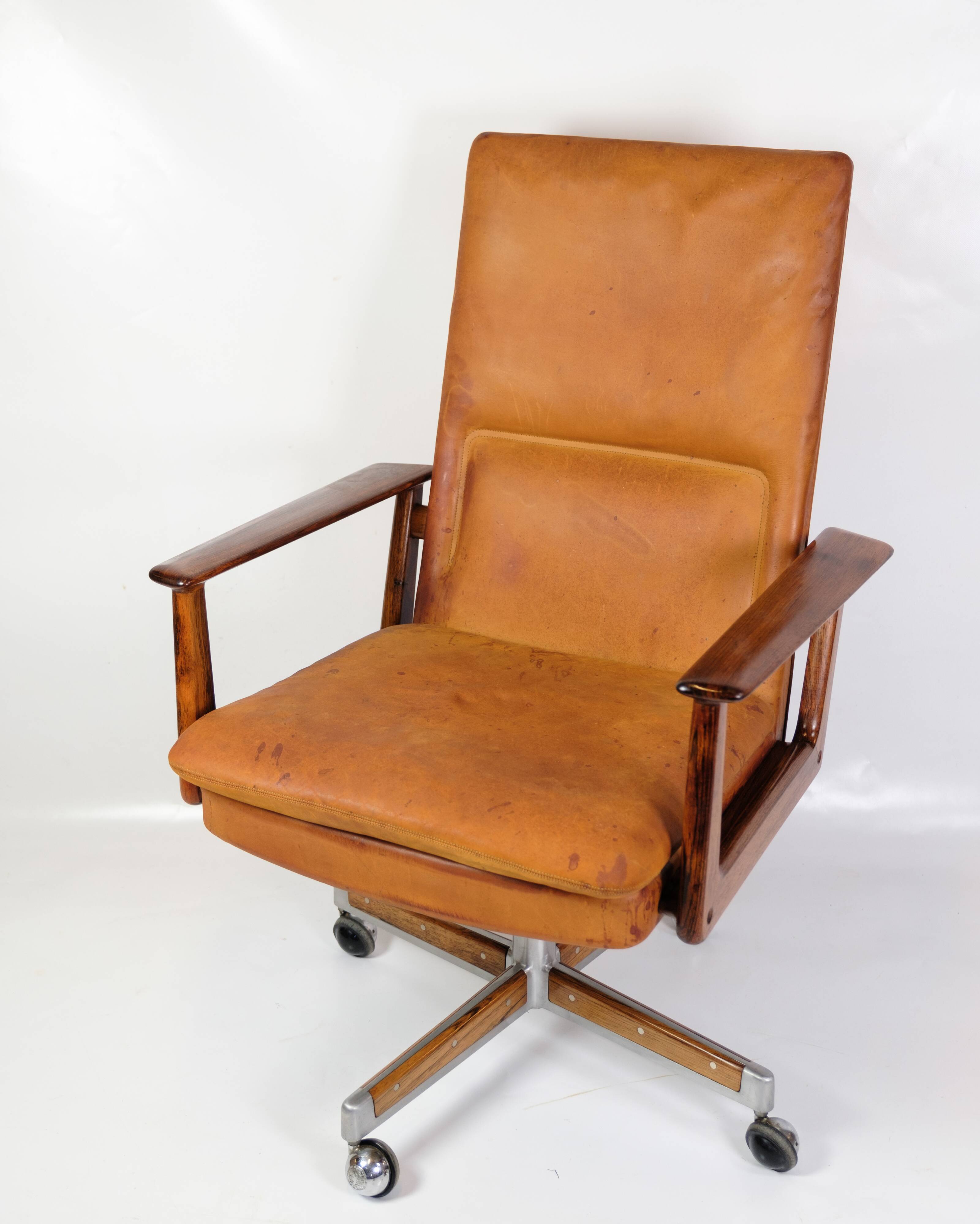 Office Chair Model 419 Made In Rosewood With Cognac Leather Seat By Arne Vodder For Sibast from 1960
