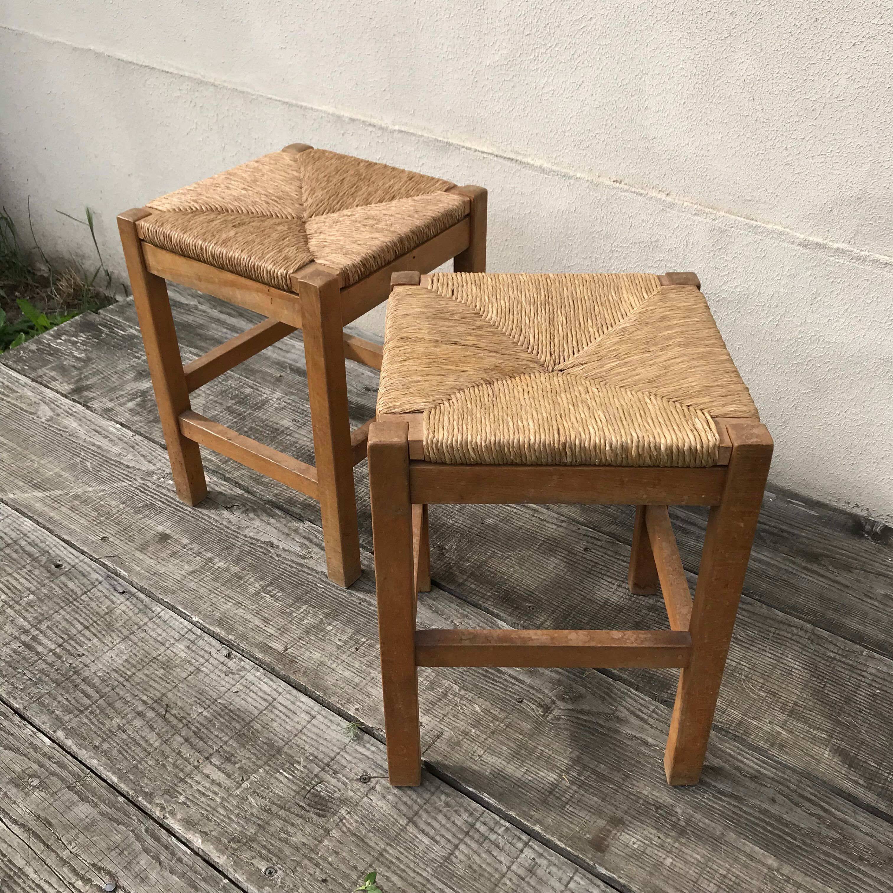 Pair of vintage beech stools seated mulched