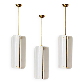 Mid-Century Modern Style White Murano Glass And Brass Italian Pendant Lamp