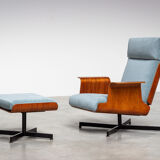 Pair of modernist teak lounge chairs and poufs 1960