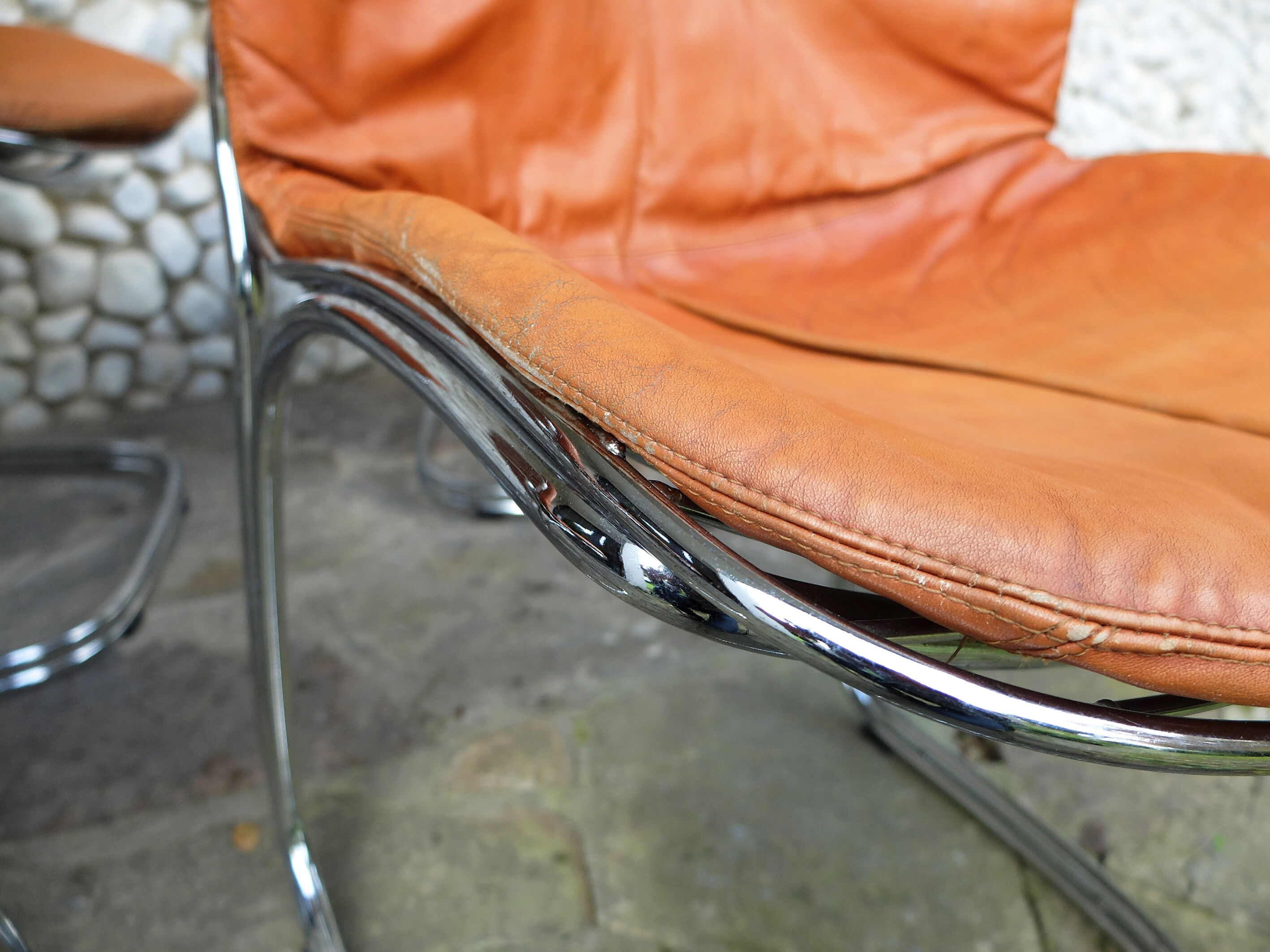 Series of 4 chairs Sabrina design Gastone Rinaldi for Rima, tawny leather, 1970