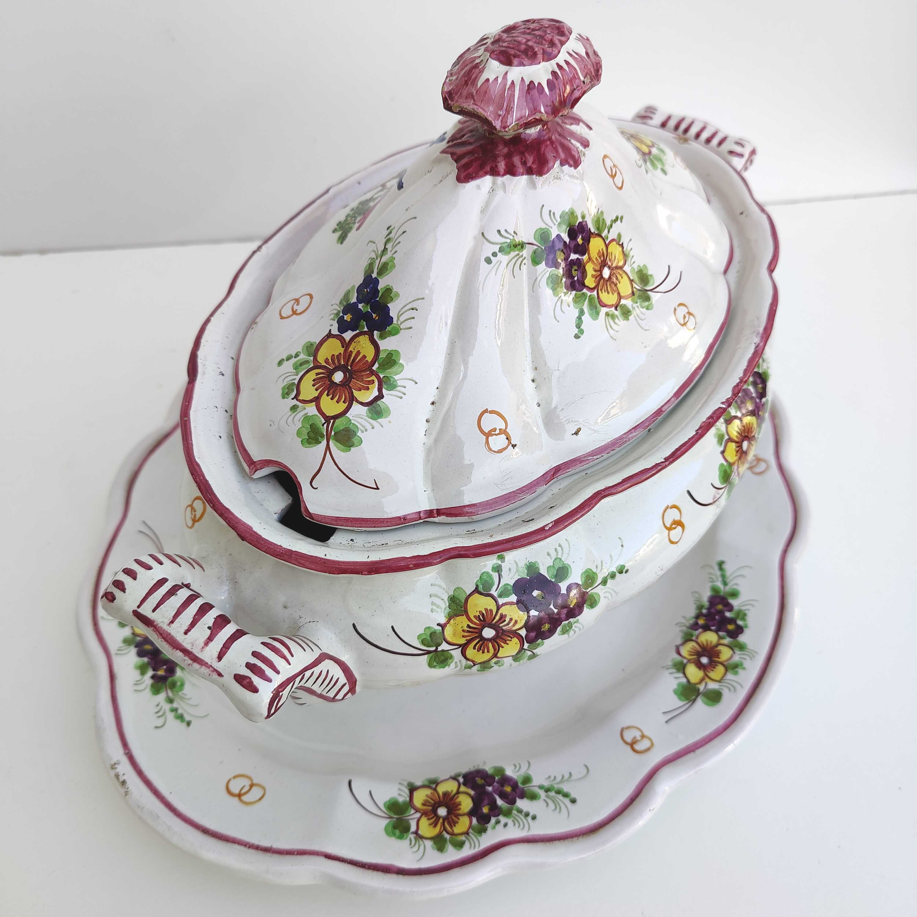 Italian porcelain soup tureen with bird and flower decor