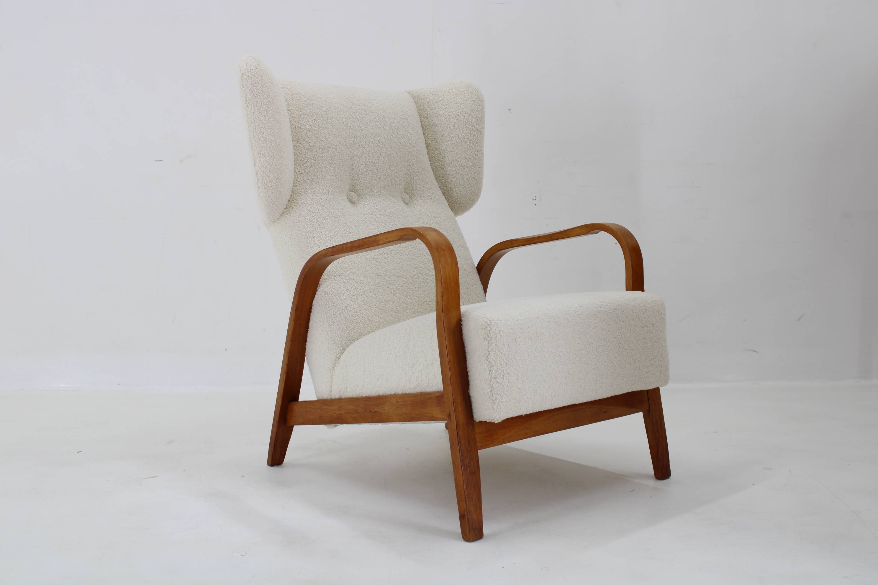 1960s Restored Wing Back Chair in Boucle Fabric , Czechoslovakia