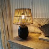 Lampe de table en bois d'ébène et rotin