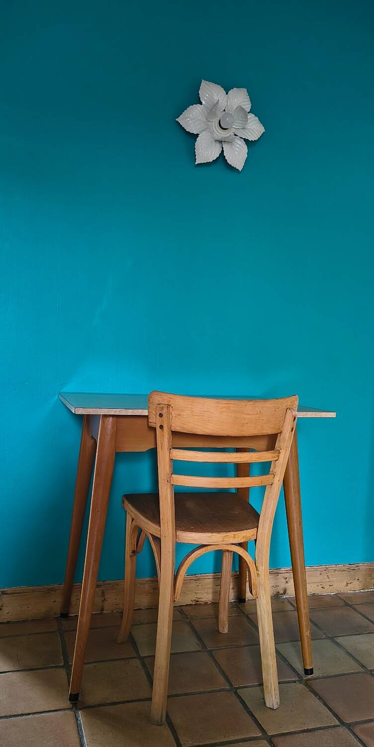 Vintage bistro table with compass legs, formica, beech, 50 x 70.