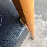 Set of 2 vintage beech wood armchairs with black skai upholstery — mid-century modern