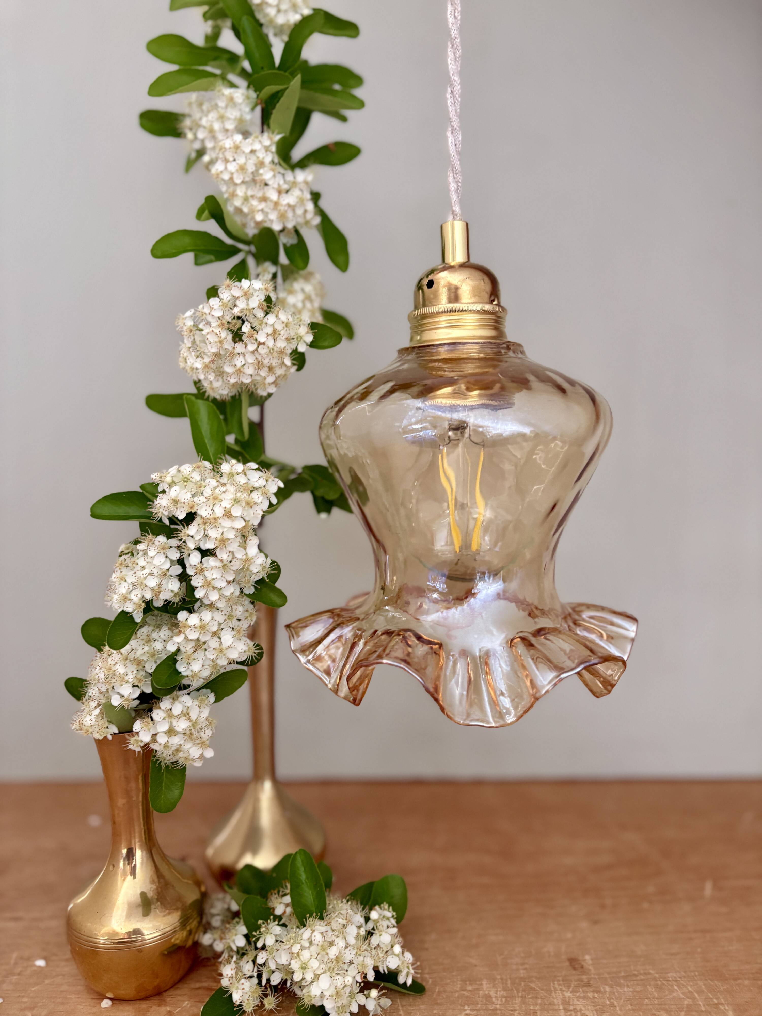 Vintage tulip pendant light in amber glass
