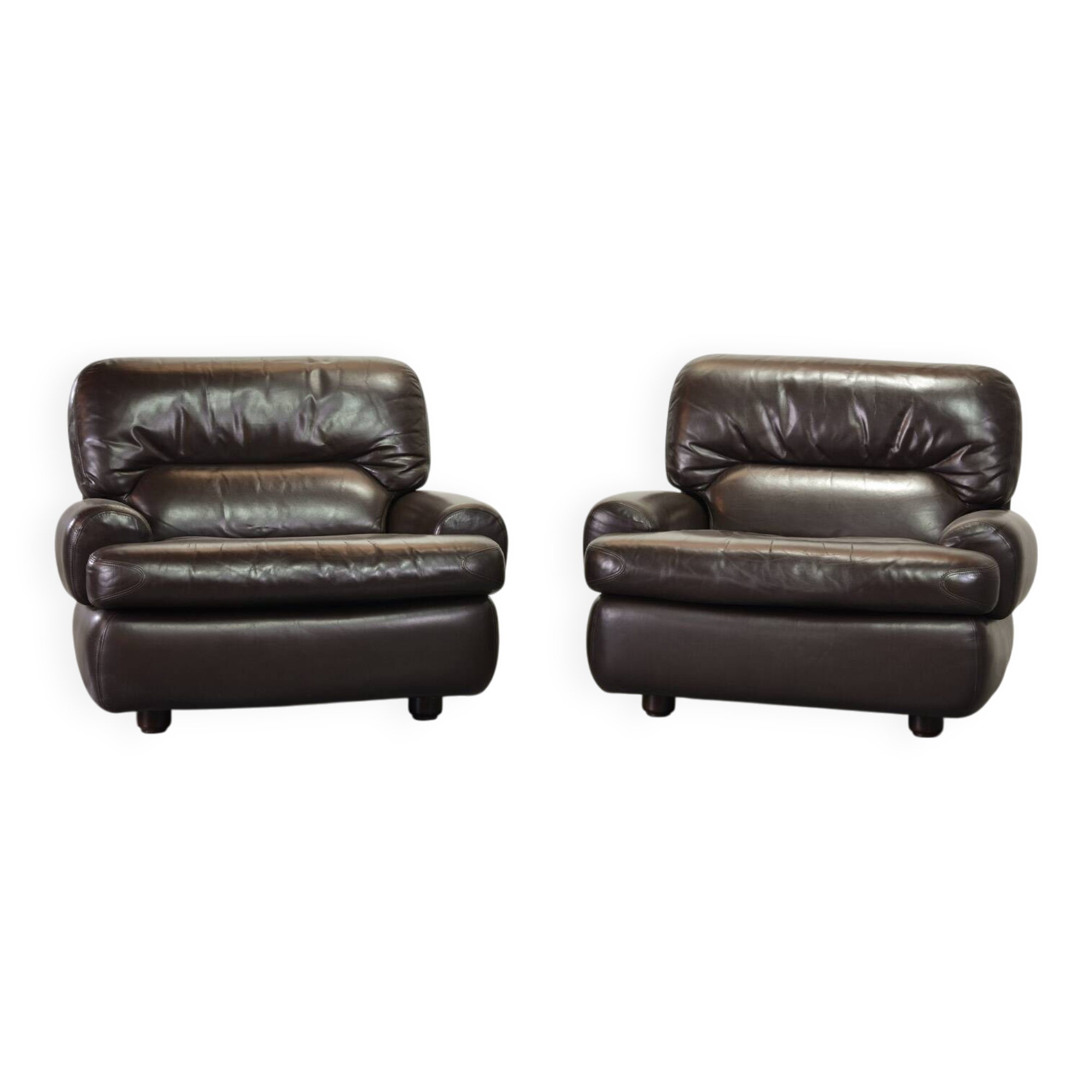 Comfortable Durlet Lounge Chairs in Chocolate Brown Leather, Set of Two 70s