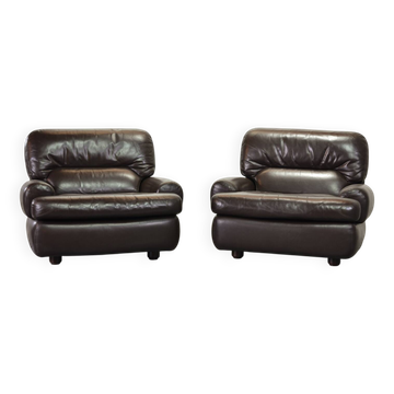 Comfortable Durlet Lounge Chairs in Chocolate Brown Leather, Set of Two 70s