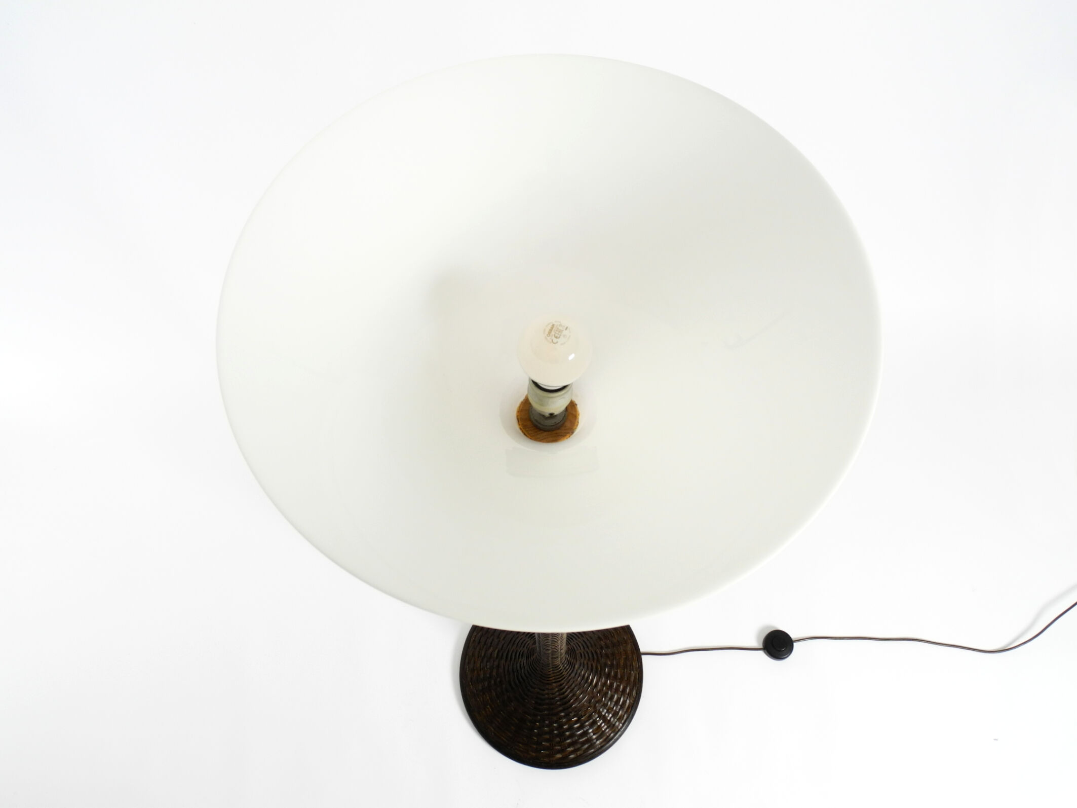 XL 70s Tulip floor lamp with a brown wicker frame and a plexiglass shade