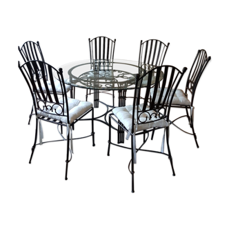 Table ronde et ses 6 chaises bronze et fer forgé