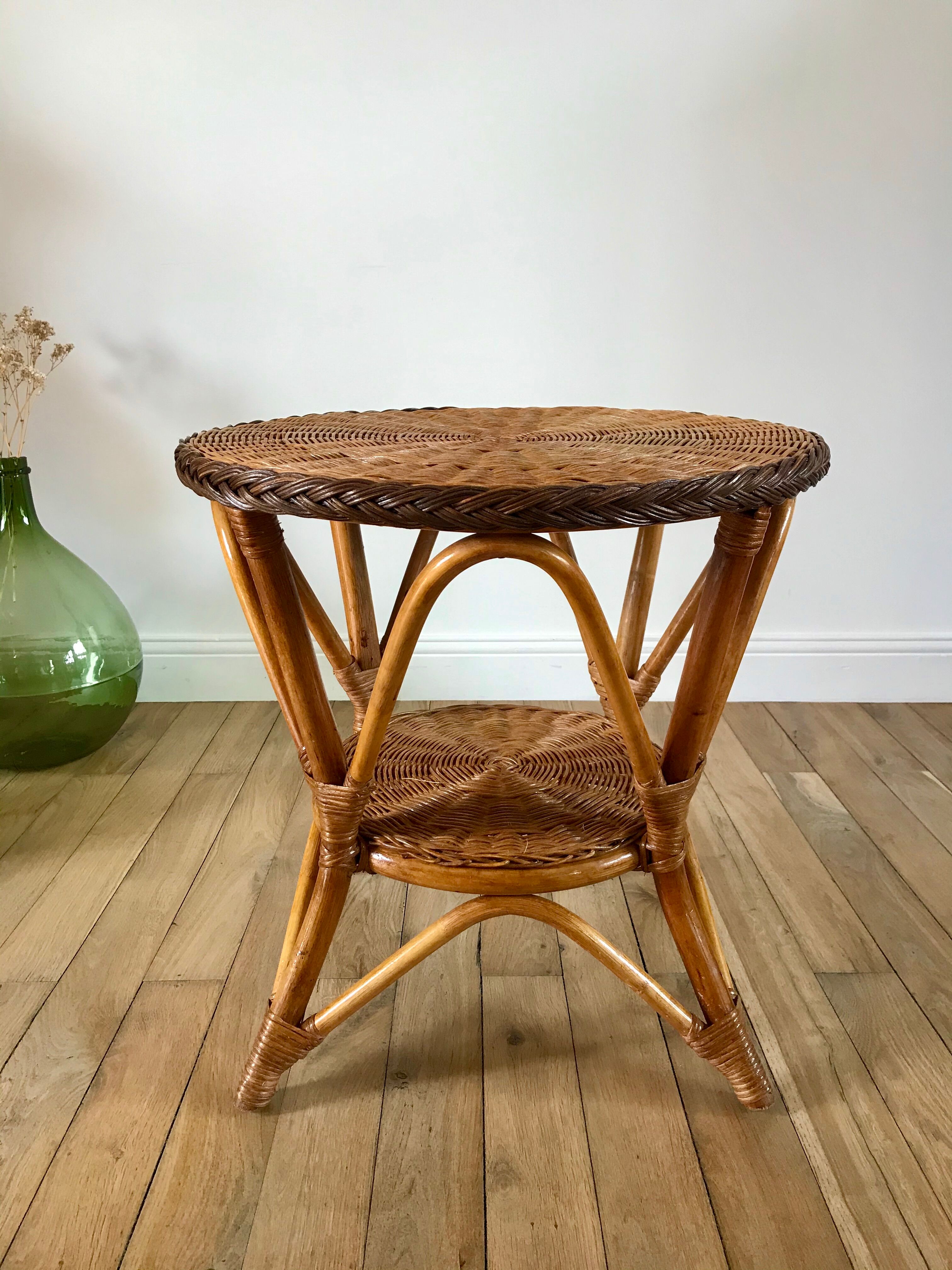Round rattan coffee table double floor 60s