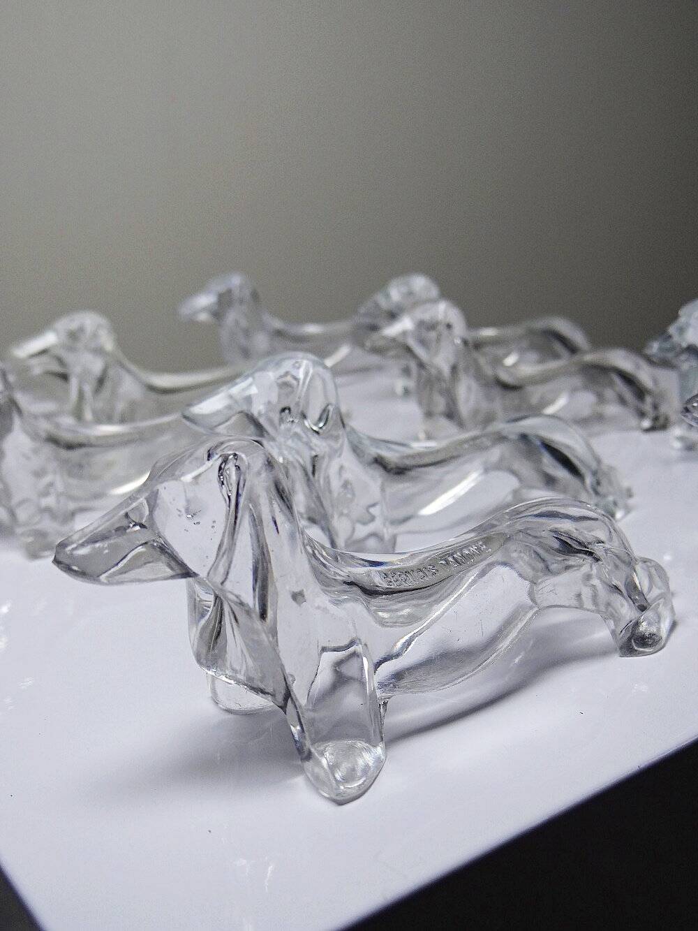 Vintage Gervais Danone knife holders, dachshund design, clear plastic