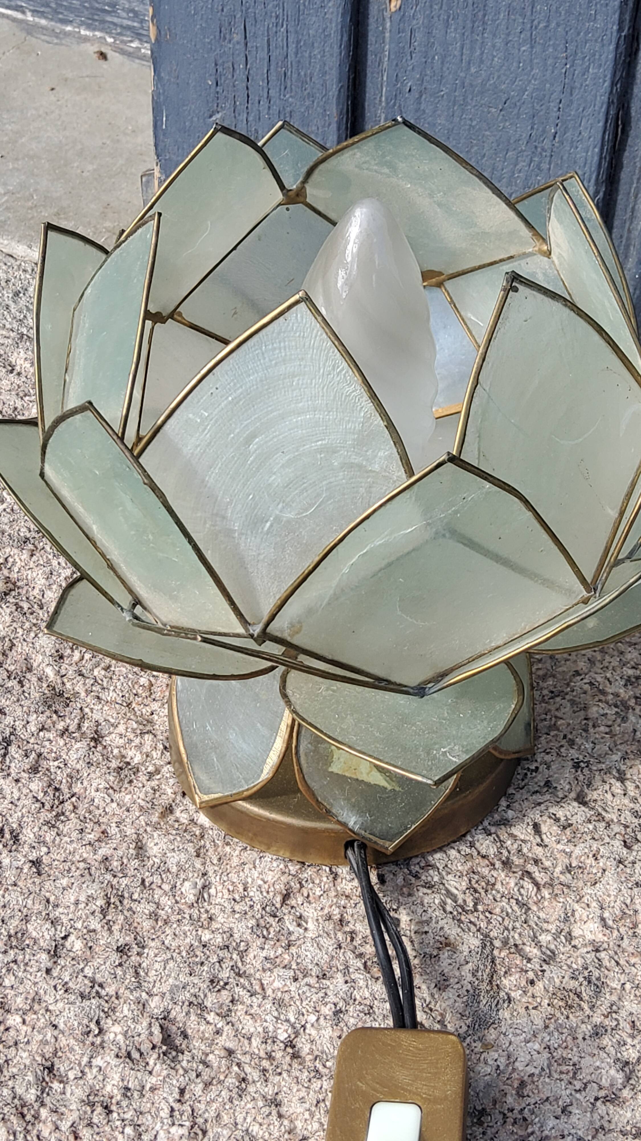 Pair of designer table lamps in turquoise blue green capiz mother-of-pearl from the 70s
