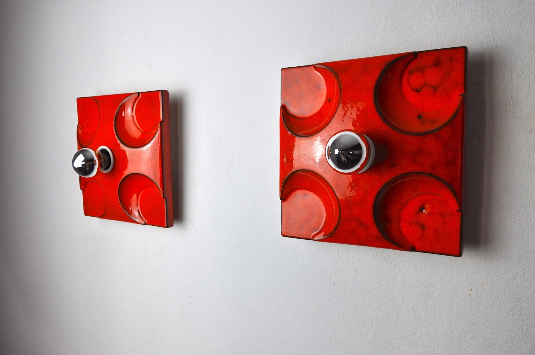 Pair of Fat Lava wall lamps by Hustadt Leuchten, Red ceramic, Germany, 1960