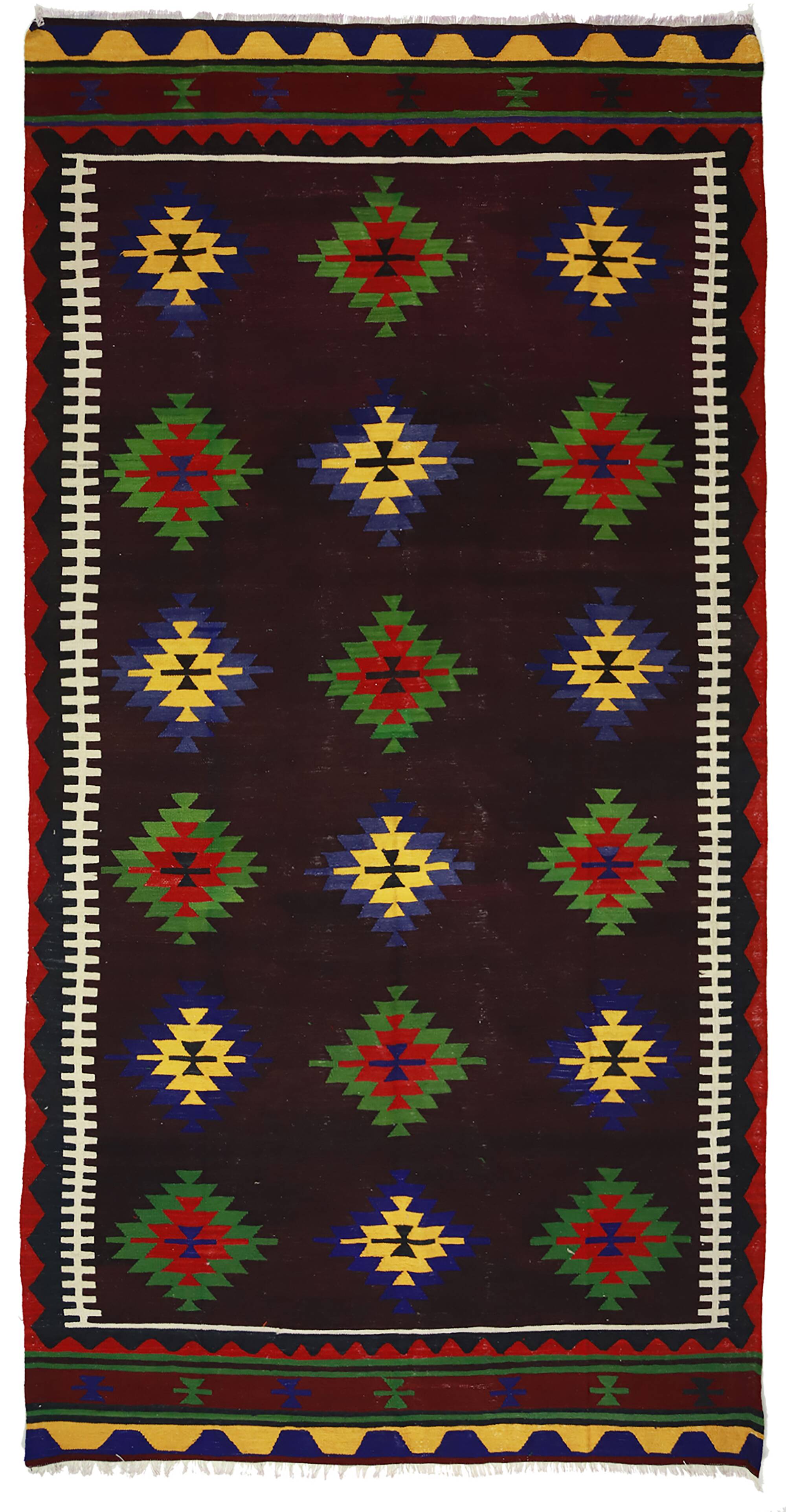 Turkish Kilim Yuruk Vintage 173x342 cm Geometric Red Green Yellow