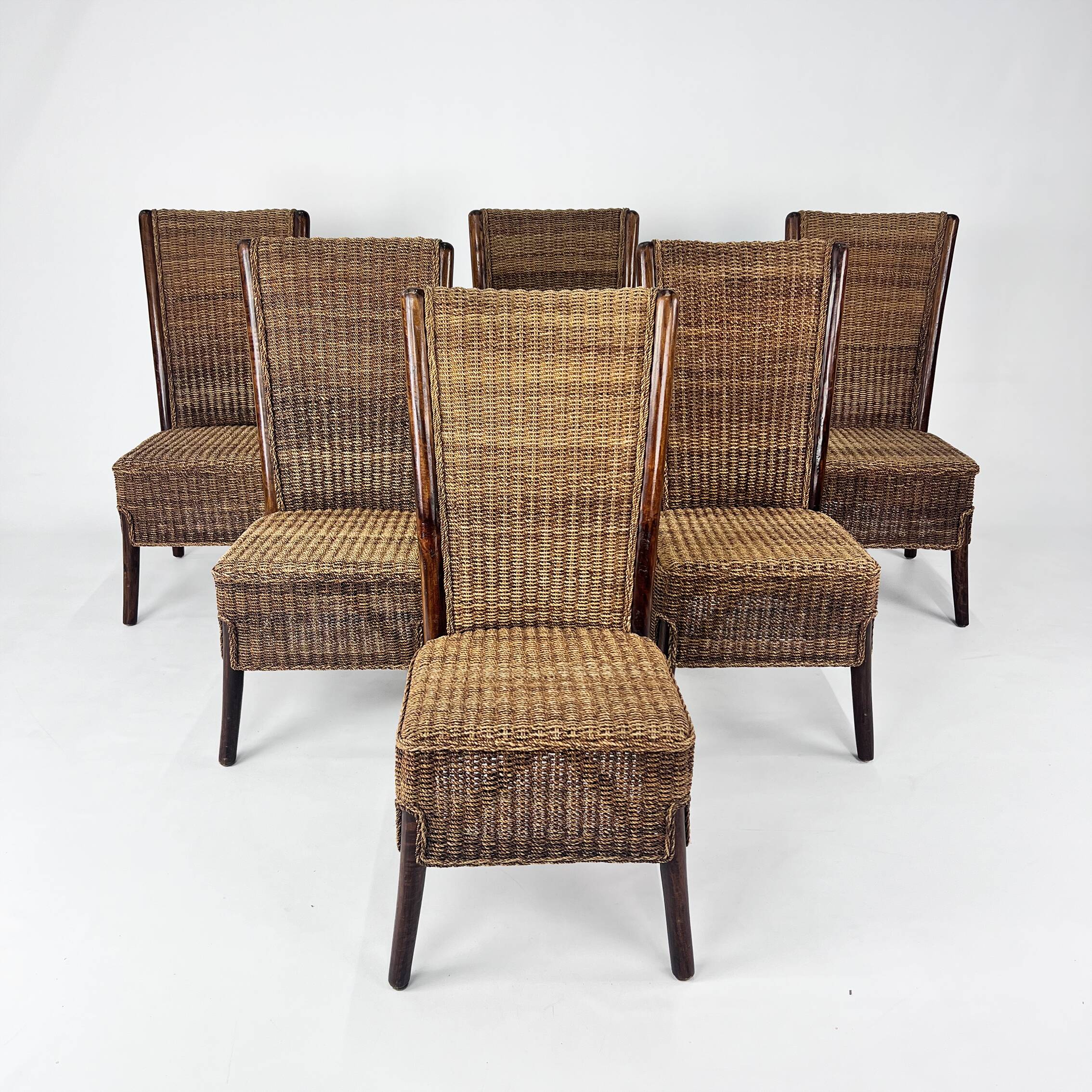 Set of 6 French Rope and Wood Dining Chairs, France, 1970s