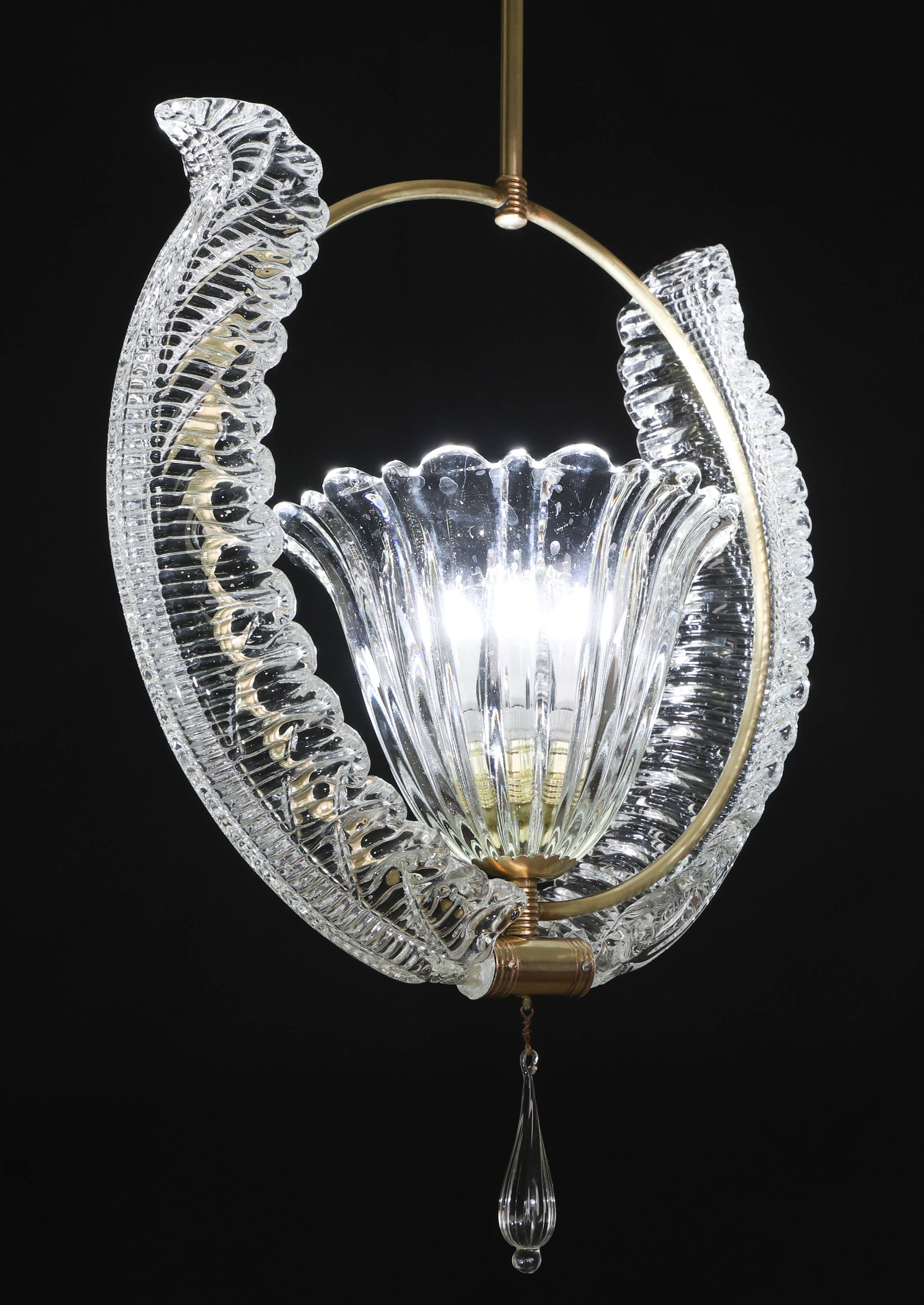 Amazing Murano Glass Art Deco Pendant Chandelier by Ercole Barovier, 1940s