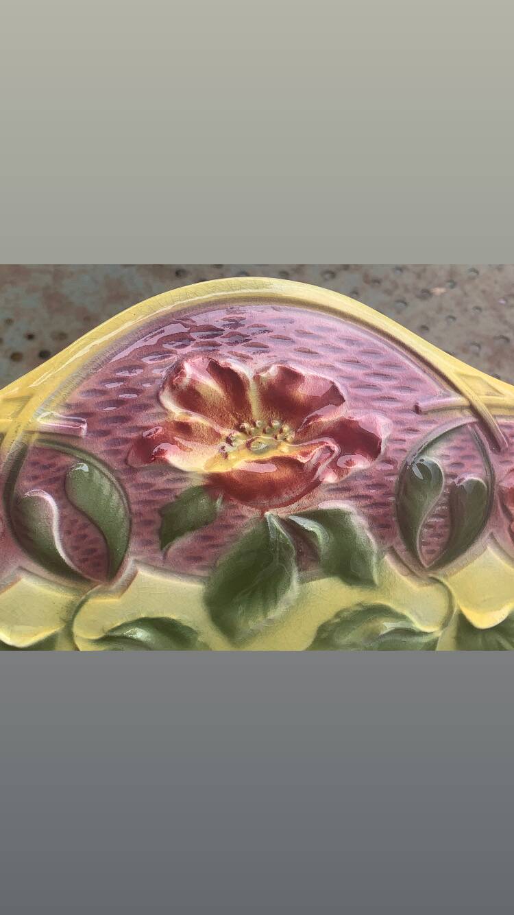 Yellow glazed ceramic slip planter, hawthorn pink flower pattern, art deco