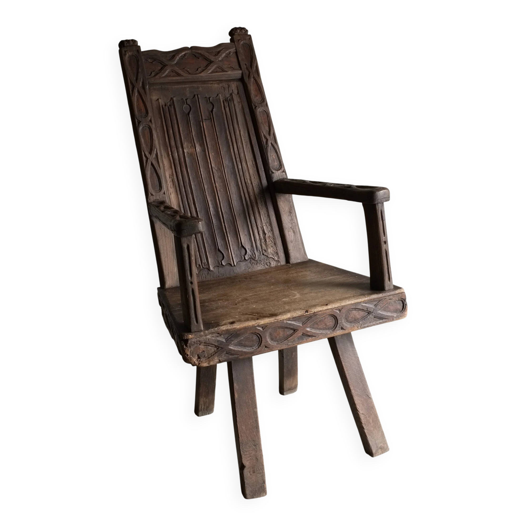 Antique primitive carved oak arm chair, Belgium