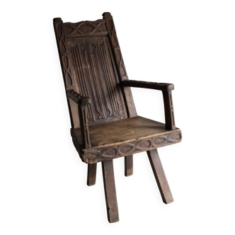 Antique primitive carved oak arm chair, Belgium