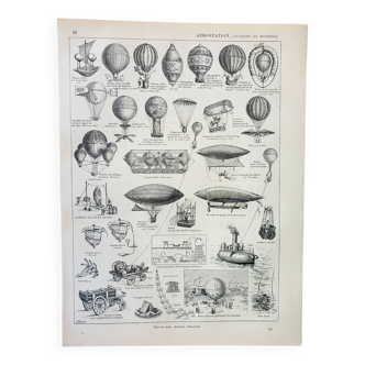 Old engraving 1898, Old hot air balloon, ballooning • Lithograph, Original plate
