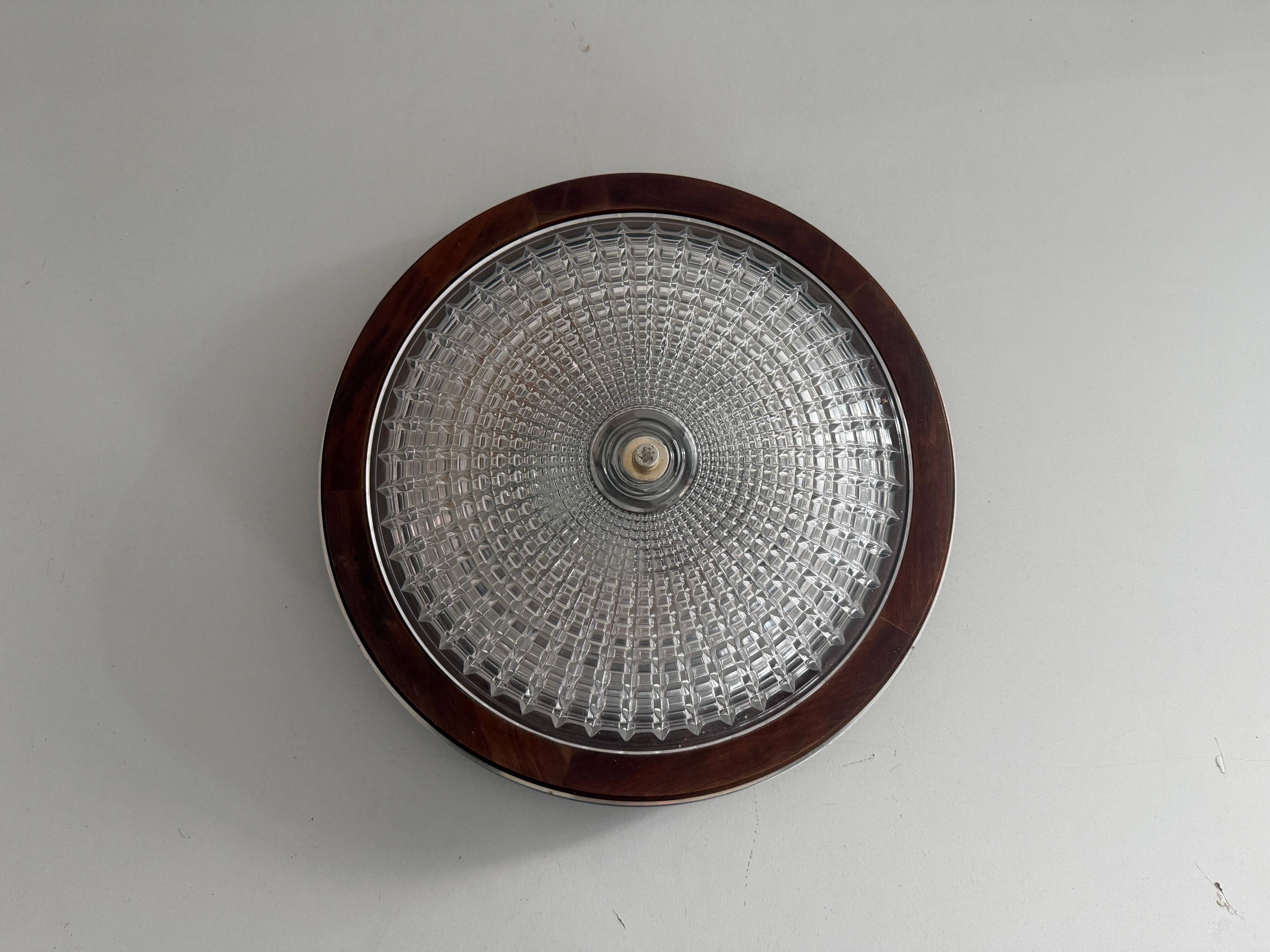 Flush mount in glass crystal and mahogany wood base, 1960s, Switzerland