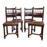 Series of 4 renaissance style chairs in natural wood and leather circa 1850
