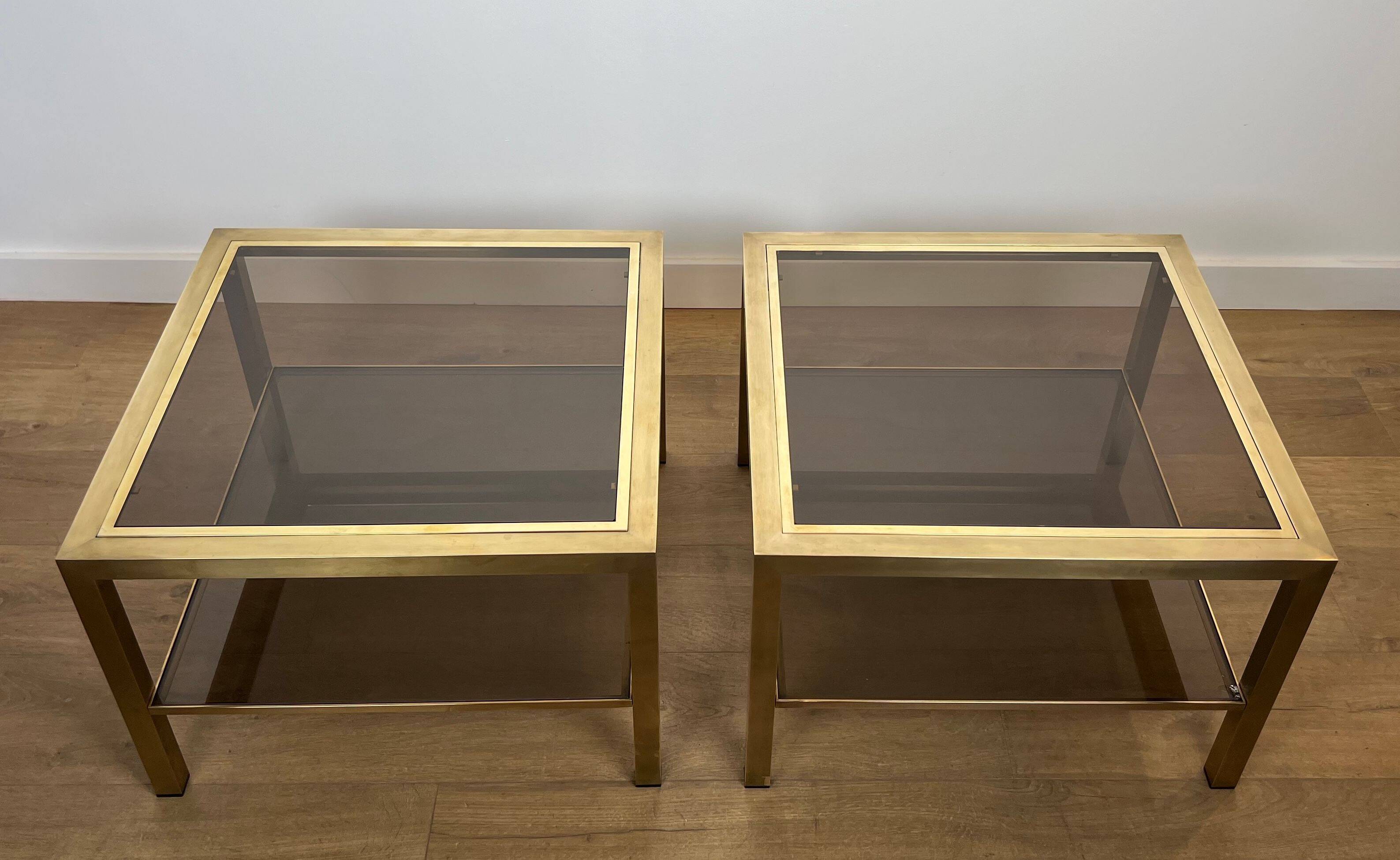 Pair of large square brass side tables