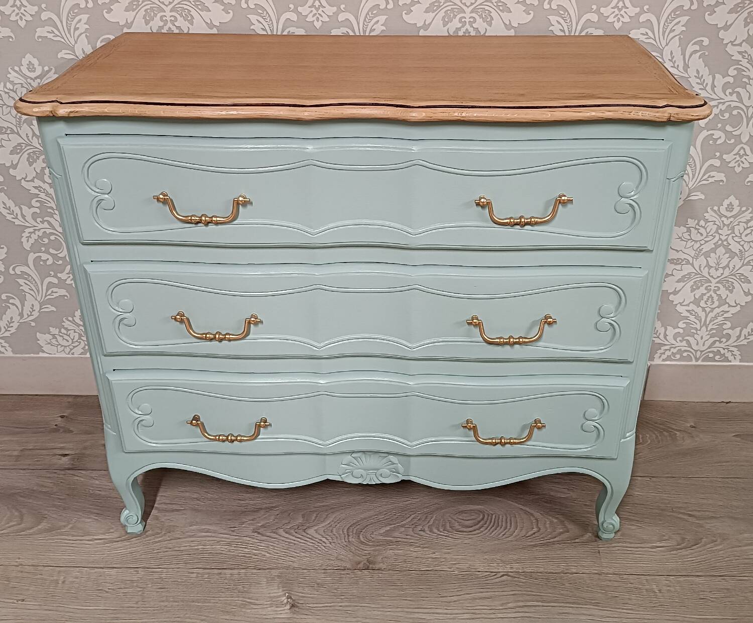 Louis XV style chest of drawers and bedside tables.