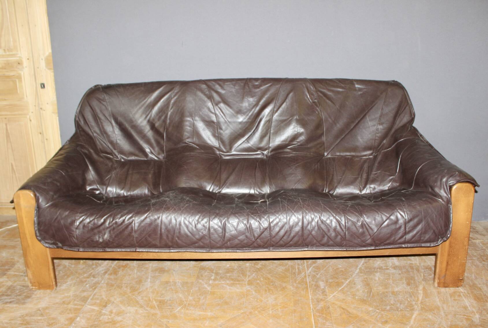 Brutalist Leather Sofa circa 1970