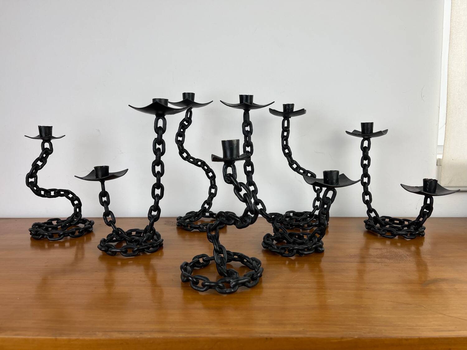 7 wrought iron candle holders in brutalist chain style