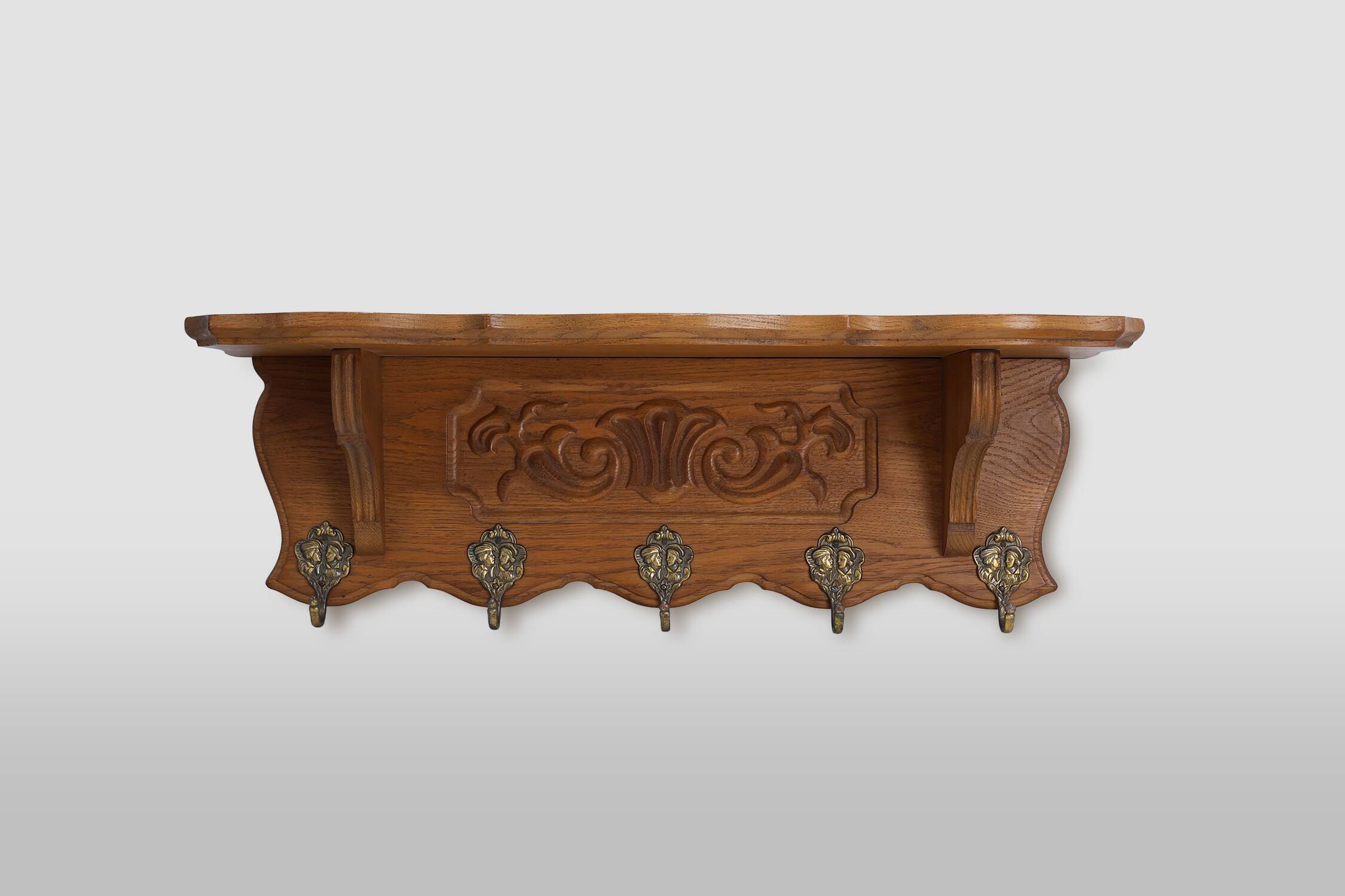 Mid-Century Belgian Oak Wall-Mounted Coat Rack in Bruegel Style