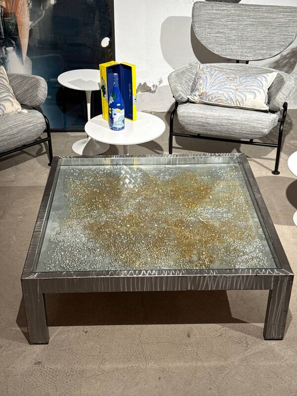 Rare Jenkell dite ''Jenk'' - Table basse unique signée en métal, verre et toile enchâssée