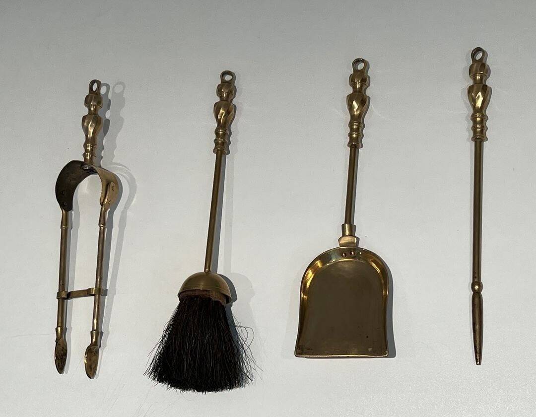 Neoclassical Brass Fire Tool Set with Arch and Ornate Balls.