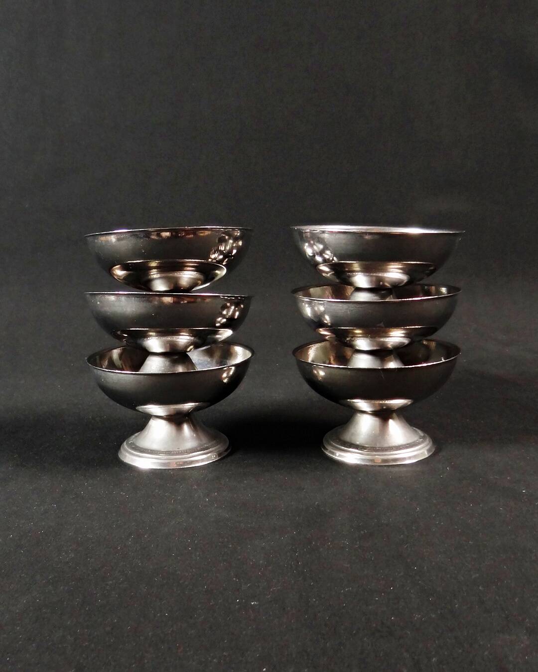 6 stainless steel ice cream cups on a stand, vintage dessert service